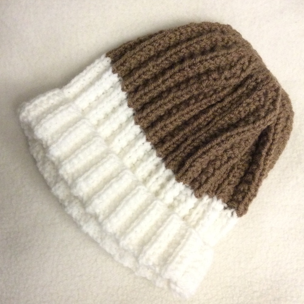 Brand new hand knit light brown/white cuff tuque
